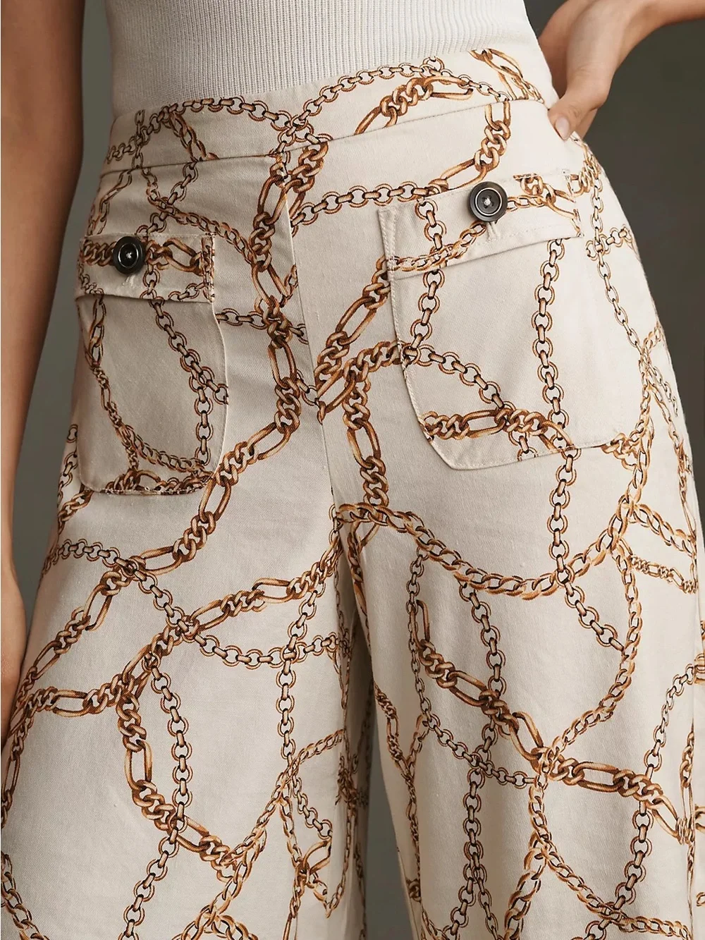 Maeve Linen Blend High-Waist Wide-Leg Chain Print Palazzo Pants 10 Cream NWT - Picture 4 of 13